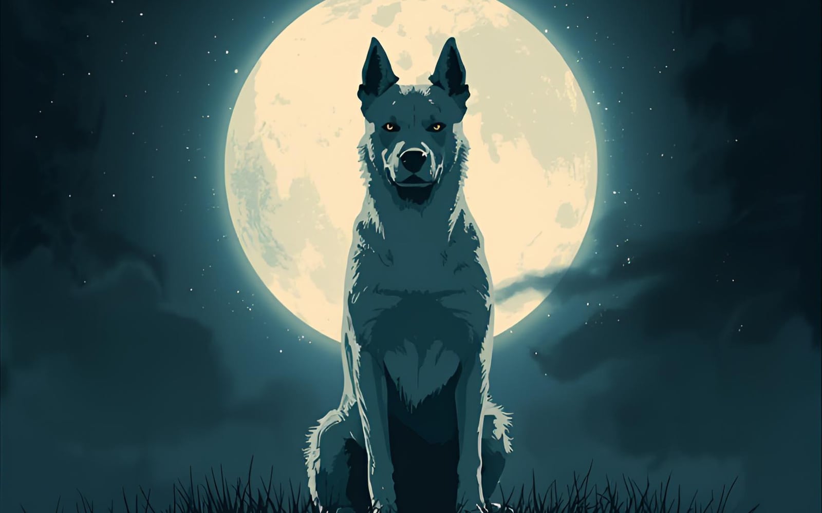 White Dog After Dark artwork: a white dog sitting in moonlit grass in front of a full moon