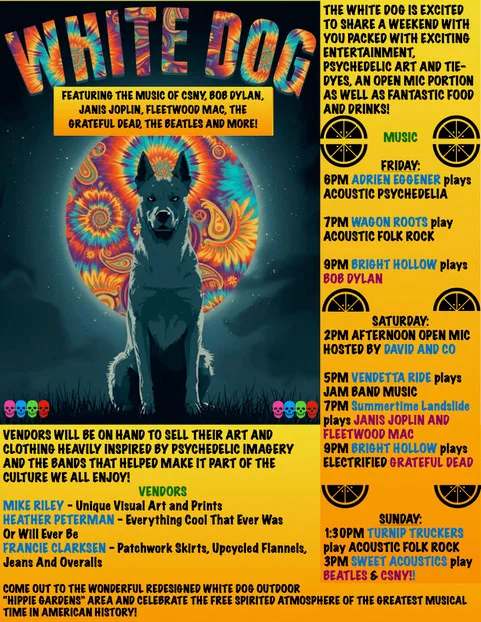 Hippie Carnival 2026 poster: tie-dye White Dog artwork with the weekend music lineup and vendor list